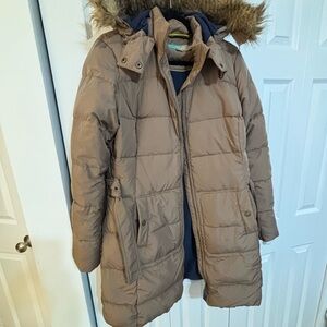 Women's Brown Puffer Coat with Faux Fur Hood
